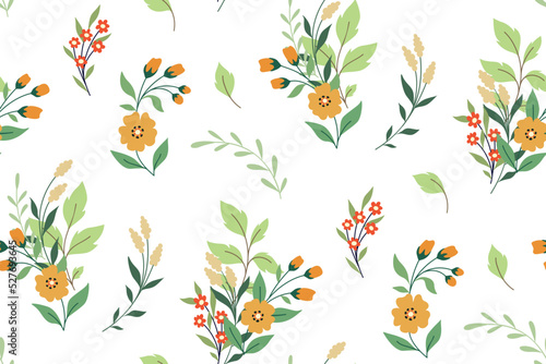 Seamless floral pattern with decorative art plants on a white background. Cute botanical print with wild flowers, leaves, herbs in an abstract composition. Surface design with folk motifs. Vector.