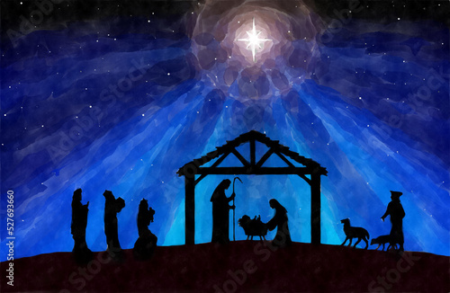 Blue Christmas Nativity Scene background. Watercolor painting sketch. Greeting card background.