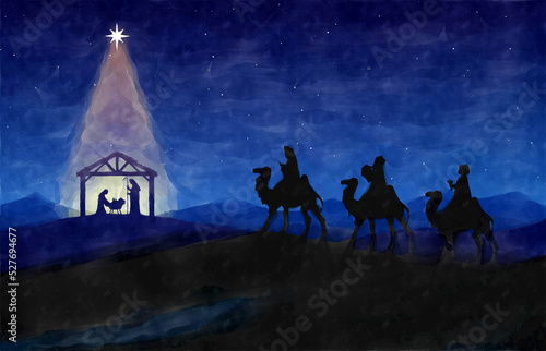 Nativity scene with Three Wise Men in the desert. Watercolor painting sketch. Greeting card background.
