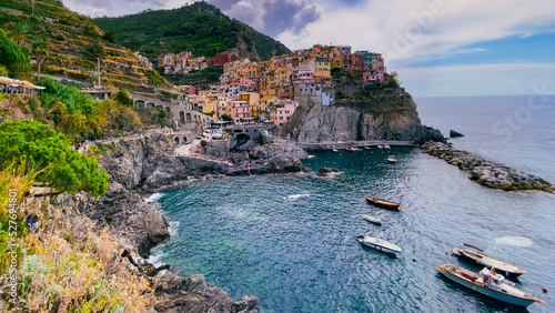 Panoramic view of small coastal village of Manarola in Cinque terre region of Italy a popular tourist destination in summer of 2022