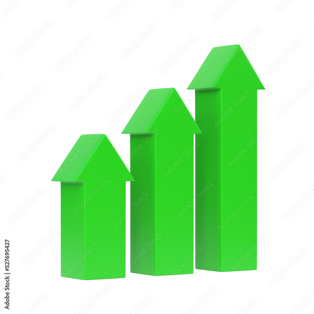 Green arrow shaped graph icon isolated on white background. 3d rendering illustration Green arrow shaped graph icon isolated on white background. 3d rendering illustration