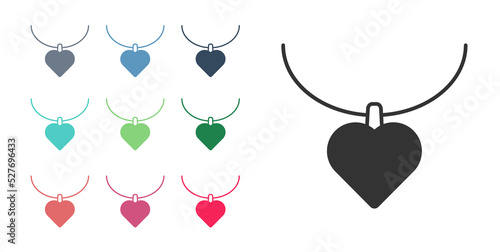 Black Necklace with heart shaped pendant icon isolated on white background. Jewellery decoration. International Happy Women Day. Set icons colorful. Vector