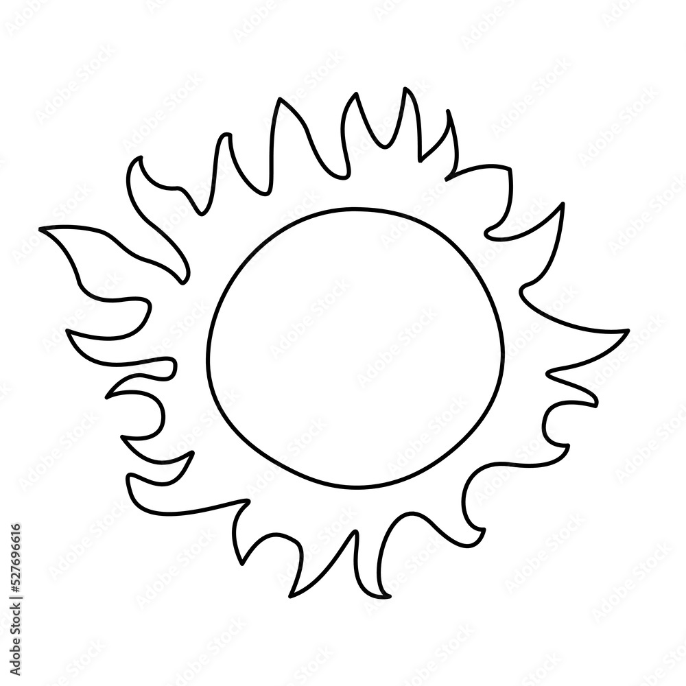 Sun with beams crown cartoon black and white contour outline drawing vector illustration isolated on white. Sunshine weather icon or logo summer clipart design element. Simple hand drawn shape.