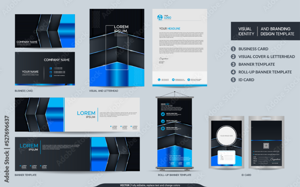 Modern Stylish Blue Metallic mock up set and visual brand identity with abstract overlap layers background . Vector illustration mock up for branding, cover, card, product, event, banner, website.