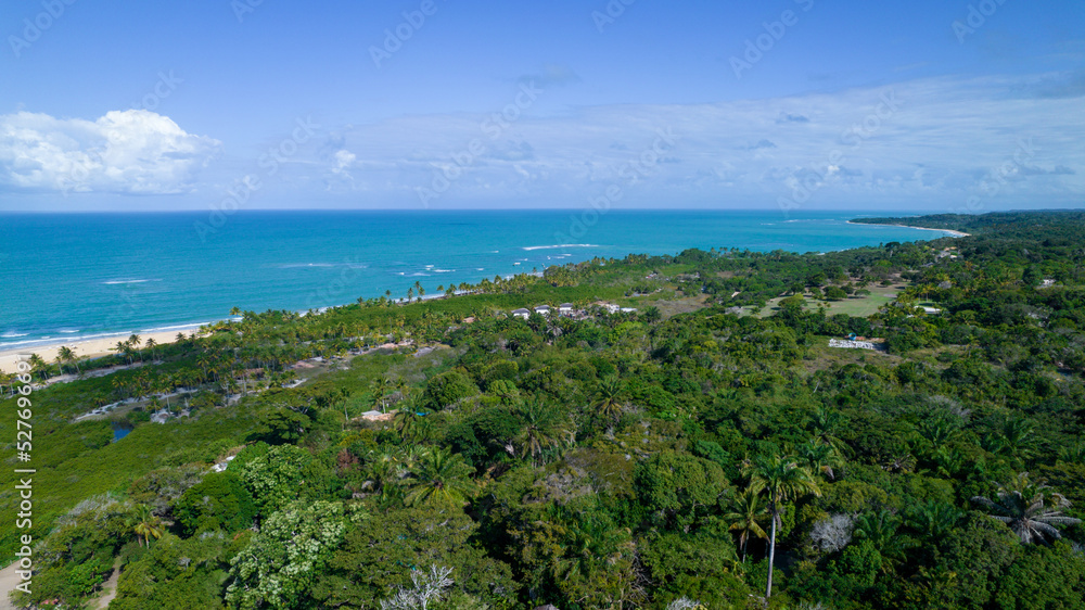 Aerial view of Trancoso, Porto Seguro, Bahia, Brazil. Small chapel in the historic center of Trancoso, called Quadrado. With the sea in the background Aerial view of Trancoso, Porto Seguro, Bahia, Brazil. Small chapel in the historic center of Trancoso, called Quadrado. With the sea in the background