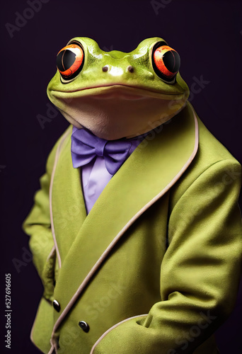 Red-eyed tree frog poses with his light violet shirt, his purple bot tie and lime costume. Funny yet serious mr. Frog poses with grace and big smile over a black background., Generative AI