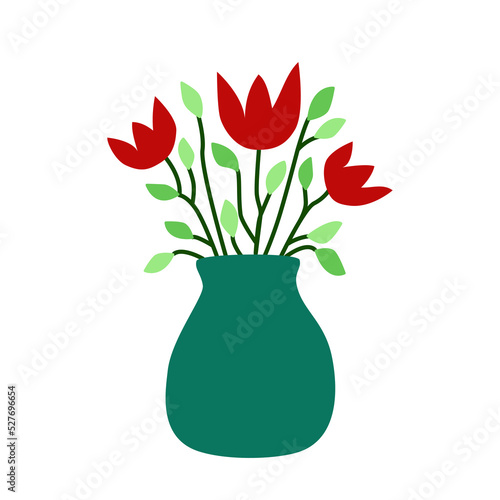 Red flowers in a vase vector illustration in flat colored doodle style isolated on white background. Bouquet of blooming tulips for interior decoration. Birthday gift. Simple clipart design element.