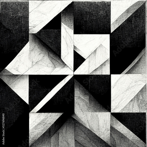 Modern abstract dynamic shapes black and white background with grainy paper texture. Digital art.