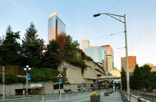 Seattle Convention Center, formerly the Washington State Convention Center at sunrise. It consists of several exhibition halls and meeting rooms along Pike St.