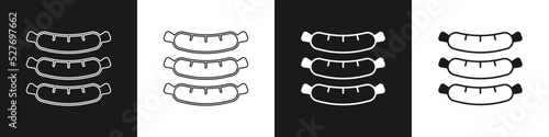 Set Sausage icon isolated on black and white background. Grilled sausage and aroma sign. Vector