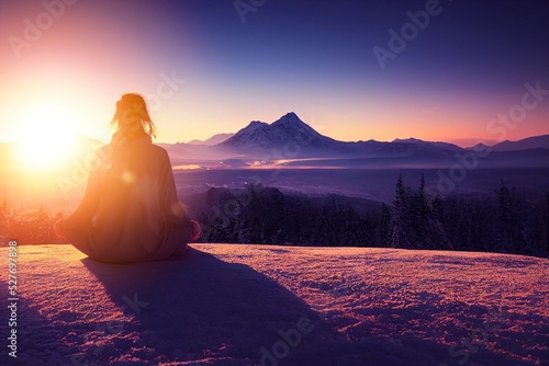 Foto Woman meditating in the mountains