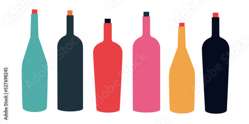 Various Bottles of wine. Different shapes and colors of bottles. Prosecco, Rose, Brut, wine