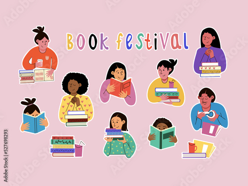 Book fair. A person is reading a book. Theme of bookcrossing. Colorful vector illustration for festivals, event promoters, Read books stickers collage.