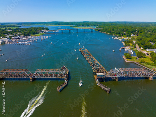 Old Saybrook Old Lyme Bridge (train) and Raymond E. Baldwin Bridge (vehicle on Interstate Highway 95) at the mouth between town of Old Saybrook and Old Lyme, Connecticut CT, USA.