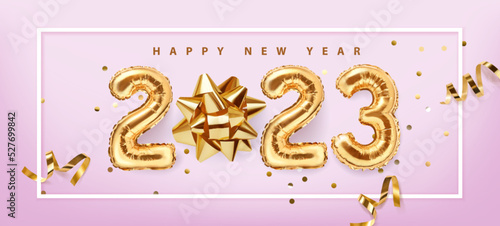 2023 golden decoration holiday on lilac background. Gold foil balloons numeral 2023 with realistic festive objects, golden bow and serpentine. Shiny party background.  Happy new year 2023 holiday. 