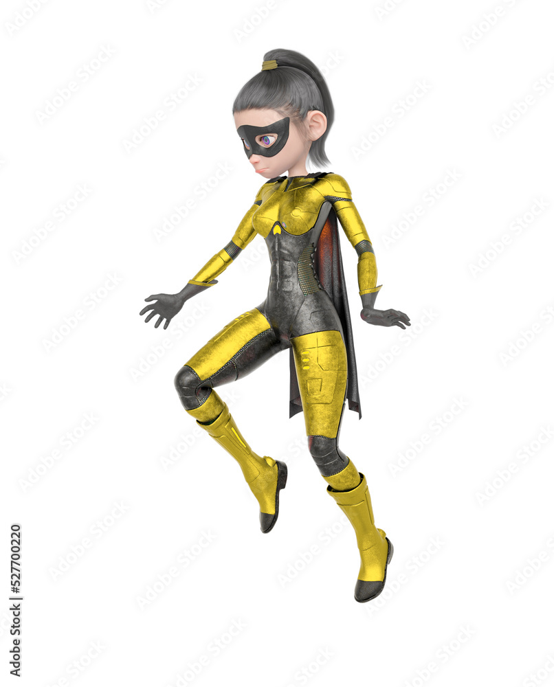 superheroine girl is floating and looking down in white background superheroine girl is floating and looking down in white background