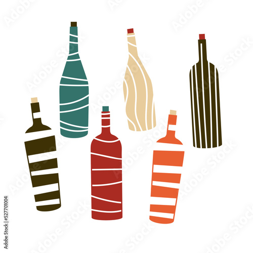 Various Bottles of wine. Different shapes, colors and designs of bottles. Prosecco, Rose, Brut, wine