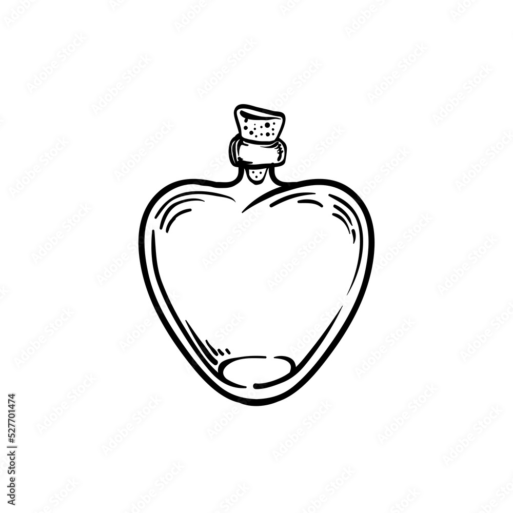 Fototapeta premium Magic potion. black bottle. Vector illustration isolated on white. Spirituality, occultism, chemistry, magic tattoo concept.