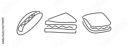 fast food one line. sandwiches vector illustration. sandwich, hot dog - amazing art. breakfast, cafe. bun and stuffing