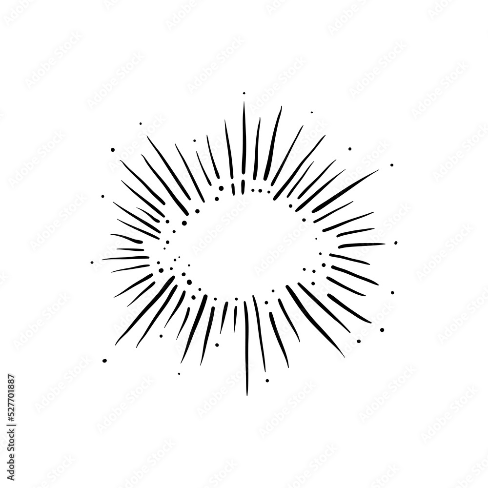 Outline drawing of rays of the sun in vintage style. Tattoo flesh design, yoga logo. Boho print, poster, t-shirt textile. Anti stress book. Isolated vector illustration. Outline drawing of rays of the sun in vintage style. Tattoo flesh design, yoga logo. Boho print, poster, t-shirt textile. Anti stress book. Isolated vector illustration.