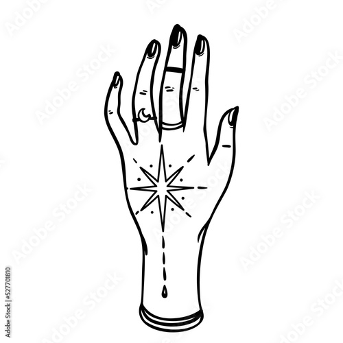 Witch tattooed hands with magic star. Alchemy, spirituality, occultism, tattoo art. Isolated black and white vector illustration. Halloween concept. Wiccan magic.