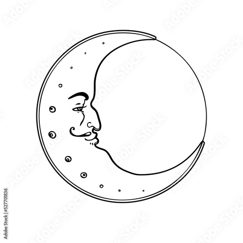 Moon symbol. Tattoo style. Vector illustration in black outlines isolated on ...