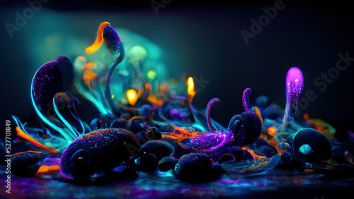 Fantastic , amazing creatures of the underwater world. Bioluminescence plankton. Beautiful background. AI. photo