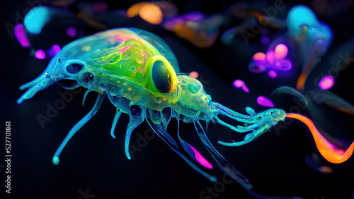 Fantastic , amazing creatures of the underwater world. Bioluminescence plankton. Beautiful background. AI.