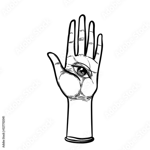 Vintage Hands with all seeing eye. Hand drawn sketchy illustration with mystic and occult hand drawn symbols. Palmistry concept. Vector illustration. Spirituality, astrology and esoteric concept.