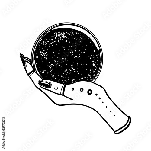 Female hand holding Magic Crystal Ball isolated on white. Creepy cute vector illustration. Gothic design, mystic magician symbol in black outlines. Future telling, Halloween concept.