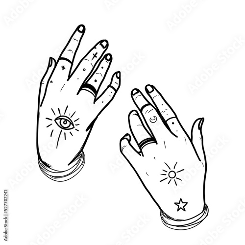 Witch tattooed hands with magic star. Alchemy, spirituality, occultism, tattoo art. Isolated black and white vector illustration. Halloween concept. Wiccan magic.