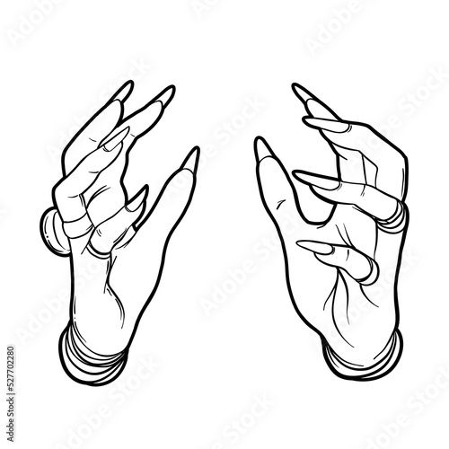 Witch tattooed hands. Alchemy, spirituality, occultism, tattoo art. Isolated black and white vector illustration. Halloween concept. Wiccan magic.