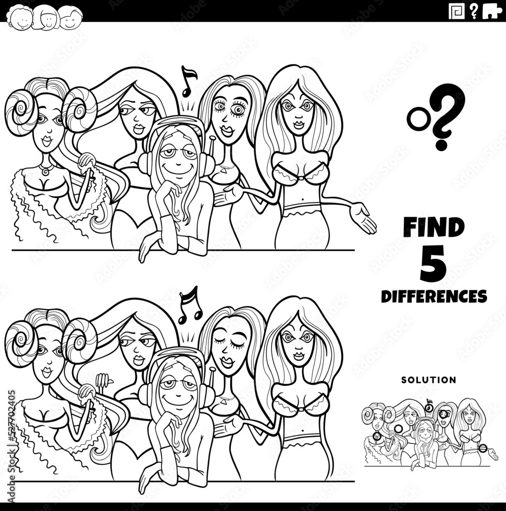 differences game with comic women coloring page differences game with comic women coloring page