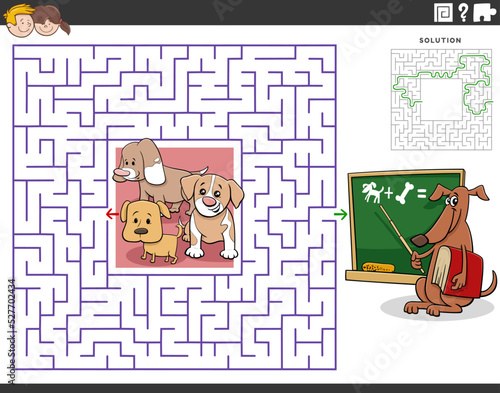 maze with cartoon puppies and teacher dog