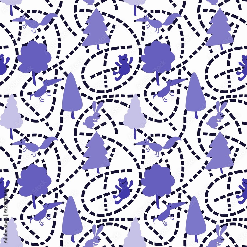 Fototapeta premium Animals and trees seamless autumn spring summer forest pattern for kids clothes and wrapping paper and fabrics