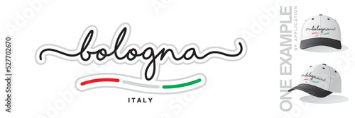 Bologna Italy, abstract Italy flag ribbon, new modern handwritten typography calligraphic logo icon with example of application