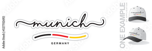 Munich Germany, abstract Germany flag ribbon, new modern handwritten typography calligraphic logo icon with example of application