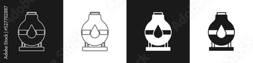Set Oil tank storage icon isolated on black and white background. Vessel tank for oil and gas industrial. Oil tank technology station. Vector