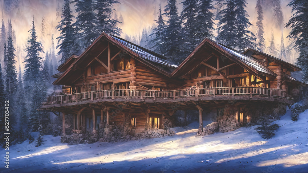 Wooden chalet house in a mountain winter forest. Winter landscape, a house in the forest, light in the windows, snow-covered firs. Winter holiday season. 3D illustration.