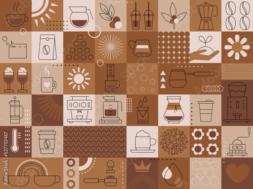 Coffee background. Set of coffee signs, icons, symbols for menu design. Cappuccino, americano, espresso, mocha, latte. Various coffee drinks set. Cups, beans and coffee makers. Broun design