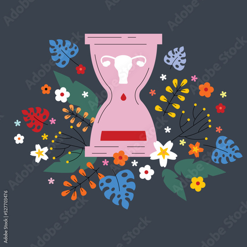 Menopause biological clock and flowers, measuring age clock. Women climacteric, hormone replacement therapy concept