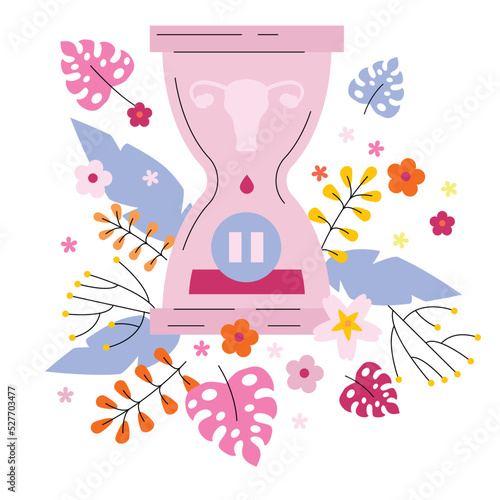 Menopause biological clock and flowers, measuring age clock. Women climacteric, hormone replacement therapy concept
