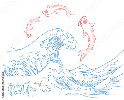 Japanese style background vector. Red droppings Koi fishes. Hand drawing vector	