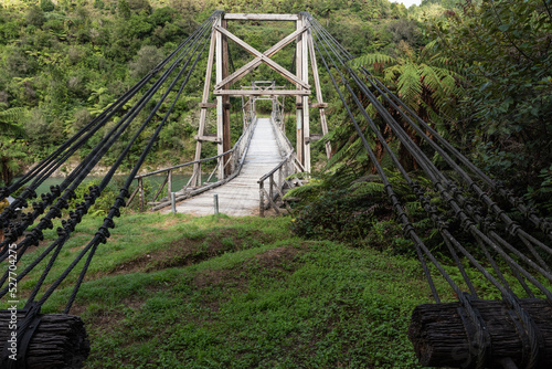 The historic Tauranga Bridge over the Waioeka River gorge. It is a wooden suspension bridge in the East Coast region, North Island, New Zealand. photo