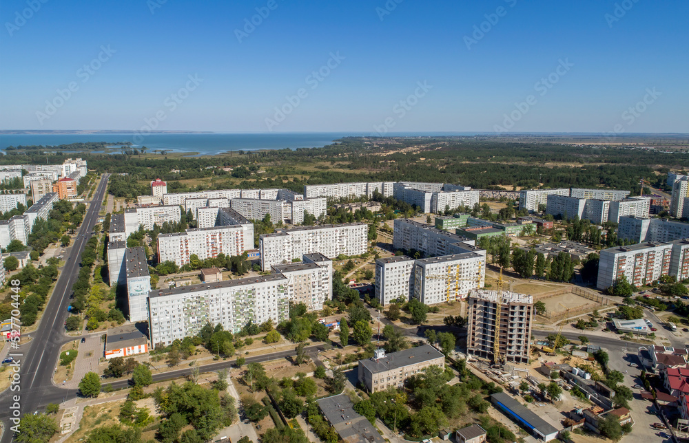 Energodar, Ukraine - 08.30..2020 - Aerial view of town. The satellite city of Europe's most atomic power station. Aerial photography.