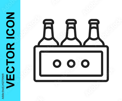 Black line Pack of beer bottles icon isolated on white background. Wooden box and beer bottles. Case crate beer box sign. Vector