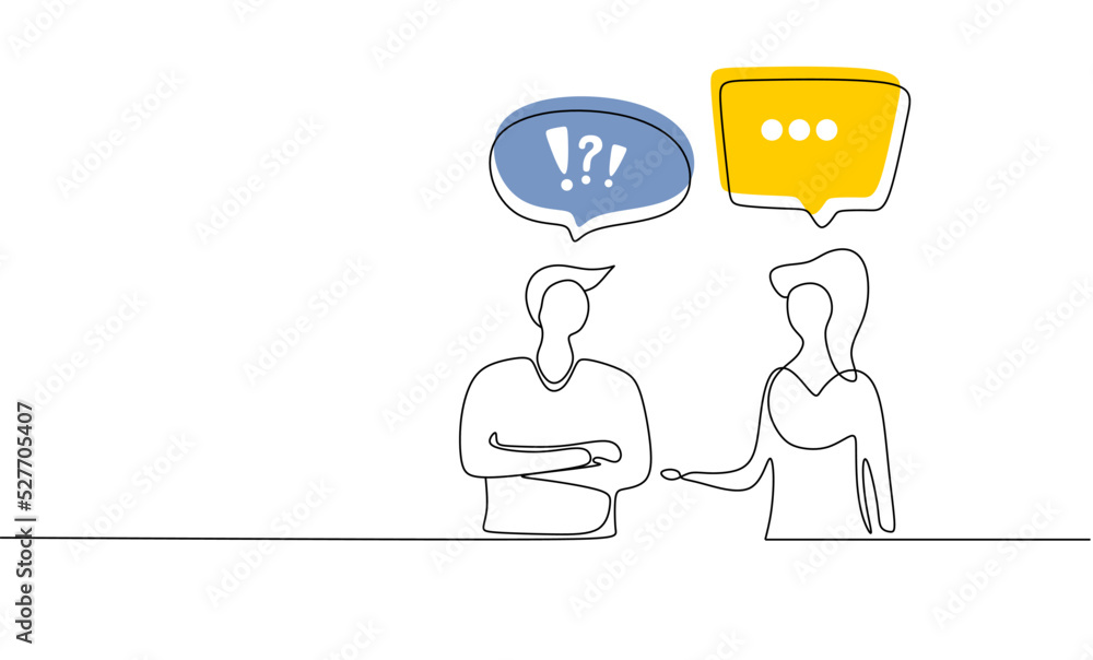 young man and woman talking having conversation with speech bubbles young man and woman talking having conversation with speech bubbles
