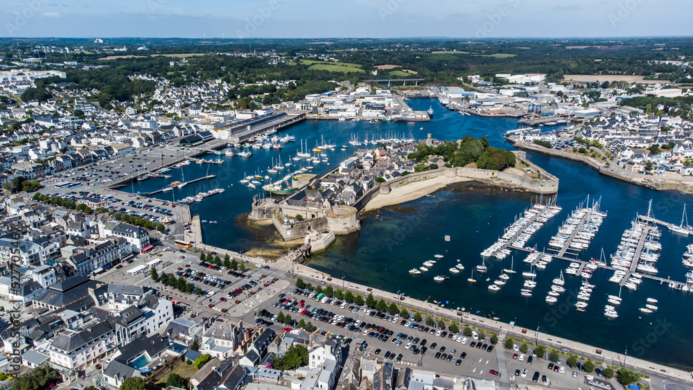 Fototapeta premium Aerial view of Concarneau, a medieval walled city in Brittany, France - Fortified island in the middle of a bay in the Atlantic Ocean