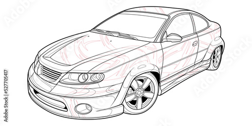 Coloring page vector line art for book and drawing. Black contour sketch illustrate Isolated on white background. High speed drive vehicle. Graphic element. Illustration car. Stroke without fill