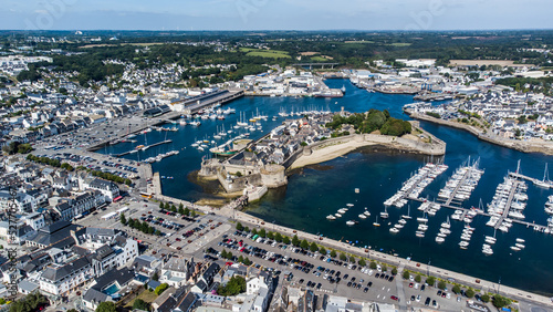Aerial view of Concarneau, a medieval walled city in Brittany, France - Fortified island in the middle of a bay in the Atlantic Ocean